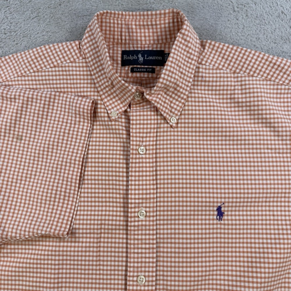 Polo Ralph Lauren Shirt Mens Large Orange Gingham Short Sleeve Button Down Pony